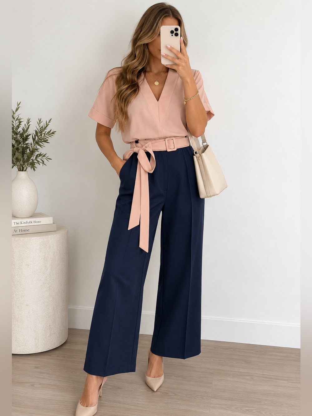 Blush Pink Navy 2 Piece Pants Set V Neck Top Belted Wide Leg L